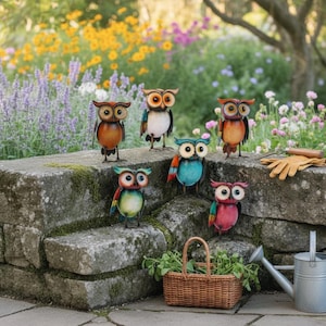 May include: Five metal owl figurines in various colors including orange, white, blue, green, and pink, each featuring large circular eyes. The owls are arranged on a stone surface alongside a woven basket containing green plants and a metal watering can.