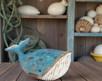 Small Blue Carved Whale - 7.5"L