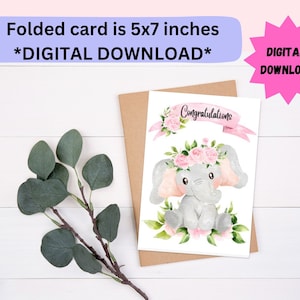 Cartão de aquarela de elefante de menina para impressão, cartão de parabéns de elefante para menina, tema de elefante, cartão de download digital, cartão de bebê, fofo