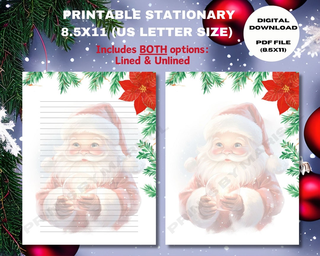 Santa Claus Printable Stationary, Christmas Stationery Paper, Digital PDF Download, Christmas ...