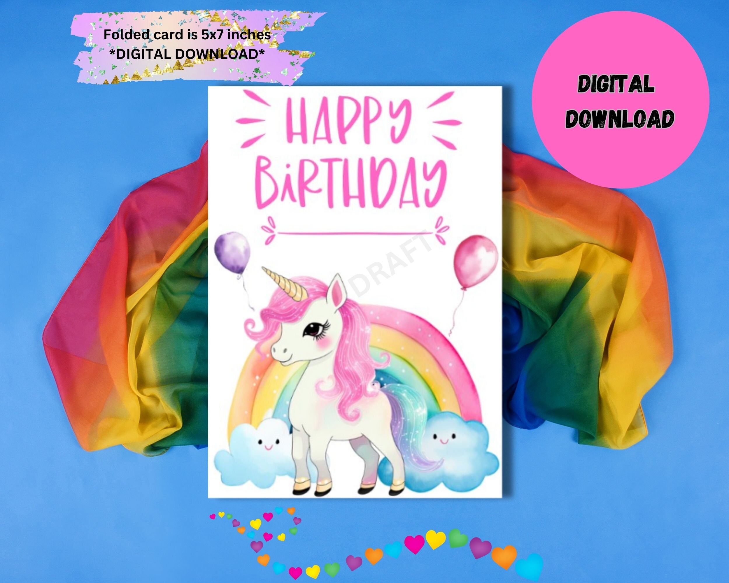 Printable Unicorn Card, Rainbow Unicorn Card, Greeting Cards, Digital Download, Rainbow Unicorn ...