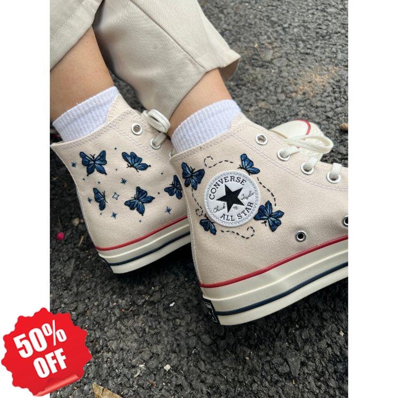 Butterfly Converse,embroidered Blue Butterflies,converse ,custom Logo