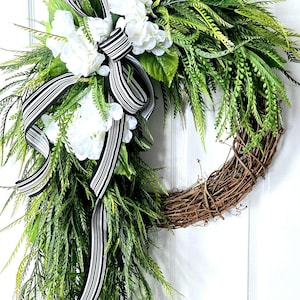 50&quot; Bead Grass Button Fern Wreath, Changeable Bow Everyday Wreath, Farmhouse Wreath, Front Door All Seasons Year Round Housewarming Gift