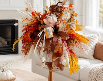 Handmade Autumn Harvest Candlestick Centerpiece: Thanksgiving Pumpkin Decor