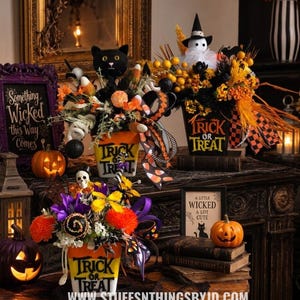 May include: Three Halloween-themed floral arrangements in buckets labeled Trick or Treat. The displays feature black cats, ghosts, skulls, pumpkins, and candy corn accents. Decorative signs read Something Wicked this Way Comes and A Little Wicked A Lot Cute.