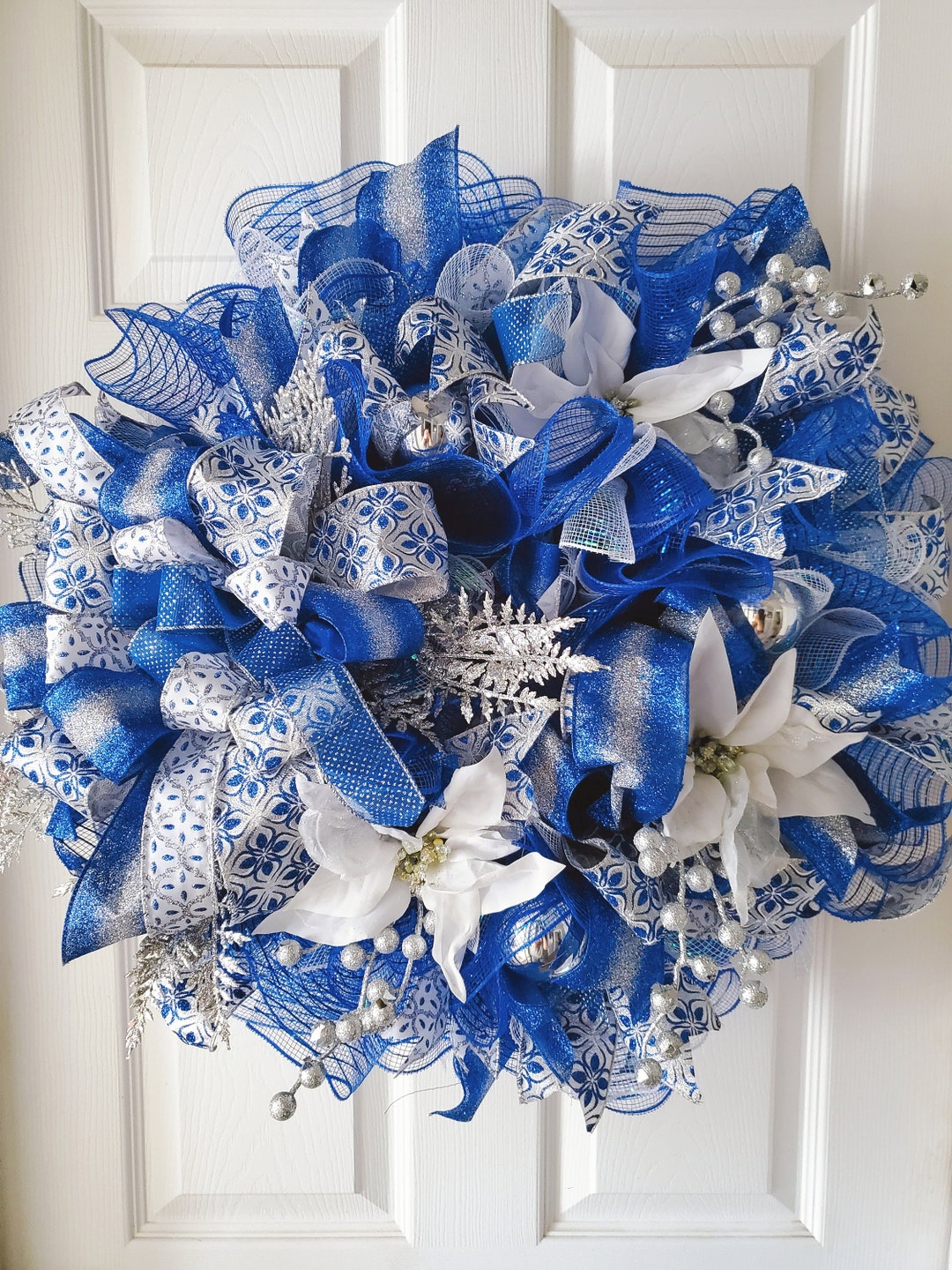 Blue Silver Holiday Wreath, Christmas, Christmas Wreath, Poinsettia, Deco Mesh, Front Door, Door