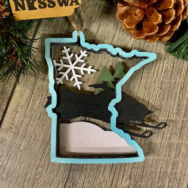 Minnesota Snowmobile Wood 3D Layered Ornament for Christmas Snow in Minnesota includes Snowmobiling Great Gift for Snowmobiler or Sled in MN