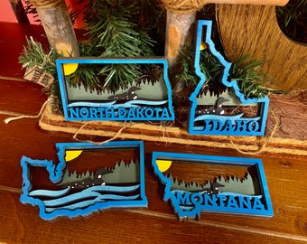 Loon ornamento madera 3D regalo en capas Washington ornamento Idaho ornamento Dakota del Norte ornamento Montana ornamento lago Loon regalo de Navidad