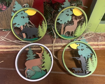Adorno de madera en capas 3D, adorno de cazador de ciervos, adorno de oso de vida silvestre, adorno de árbol de Navidad, adorno colgante redondo de cazador de osos de ciervo