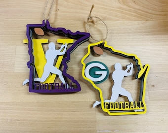 Adorno de fútbol americano de Minnesota, Wisconsin, madera 3D, con capas, de los Vikings, Green Bay, para Navidad.