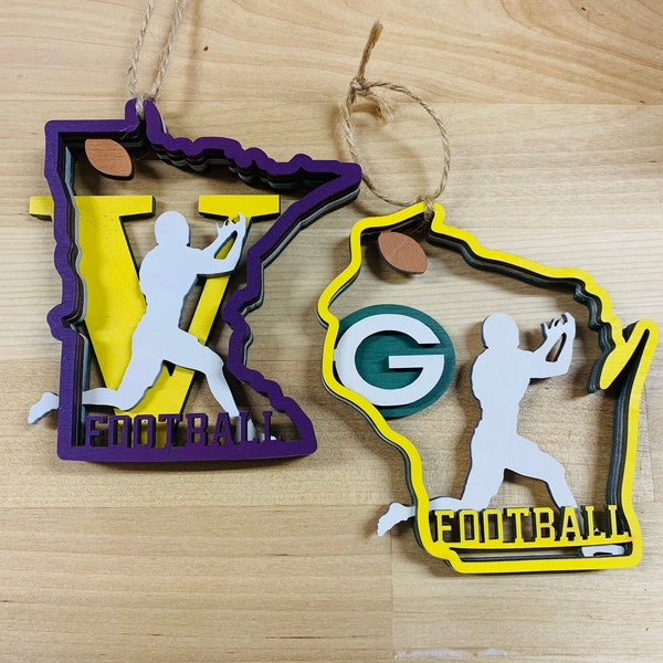 Football Ornament Minnesota Wisconsin Wood 3D Layered Ornament Vikings Football Green Bay Football Ornaments for Christmas Gifts