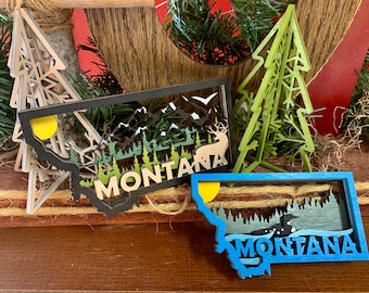 Adornos de madera de Montana en 3D con capas, adornos de Montana, árboles de Loon Mountains, adornos de ciervos, regalo de Navidad del estado de Montana