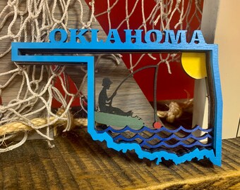 Adorno de Oklahoma Días de pesca del lago Regalo Adorno de pesca Adorno de pescador del lago de Oklahoma Regalo de pesca Adorno de madera en capas 3D de Oklahoma