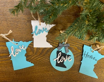 Minnesota Ornament  MN Love Ornaments Buffalo Plaid Ribbon Minnesota Christmas Ornament Love Gift MN Home Wood Hanging Ornaments