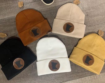 Gorro de invierno, gorro de media, gorro de Minnesota, gorro de punto cálido de cuero, gorro con parche de Minnesota, gorro de invierno de Minnesota, gorro blanco, gorro negro, gorro tostado, regalo