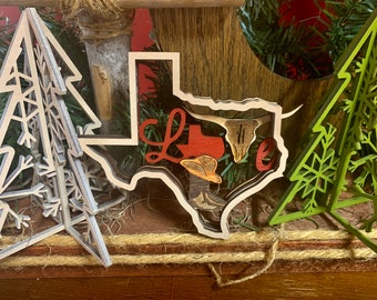 Texas Ornament Longhorn Texas Ornament Love Texas Regalo de Navidad Sombrero de vaquero Botas de vaquero Regalo único Longhorn Ornament Wood Trees