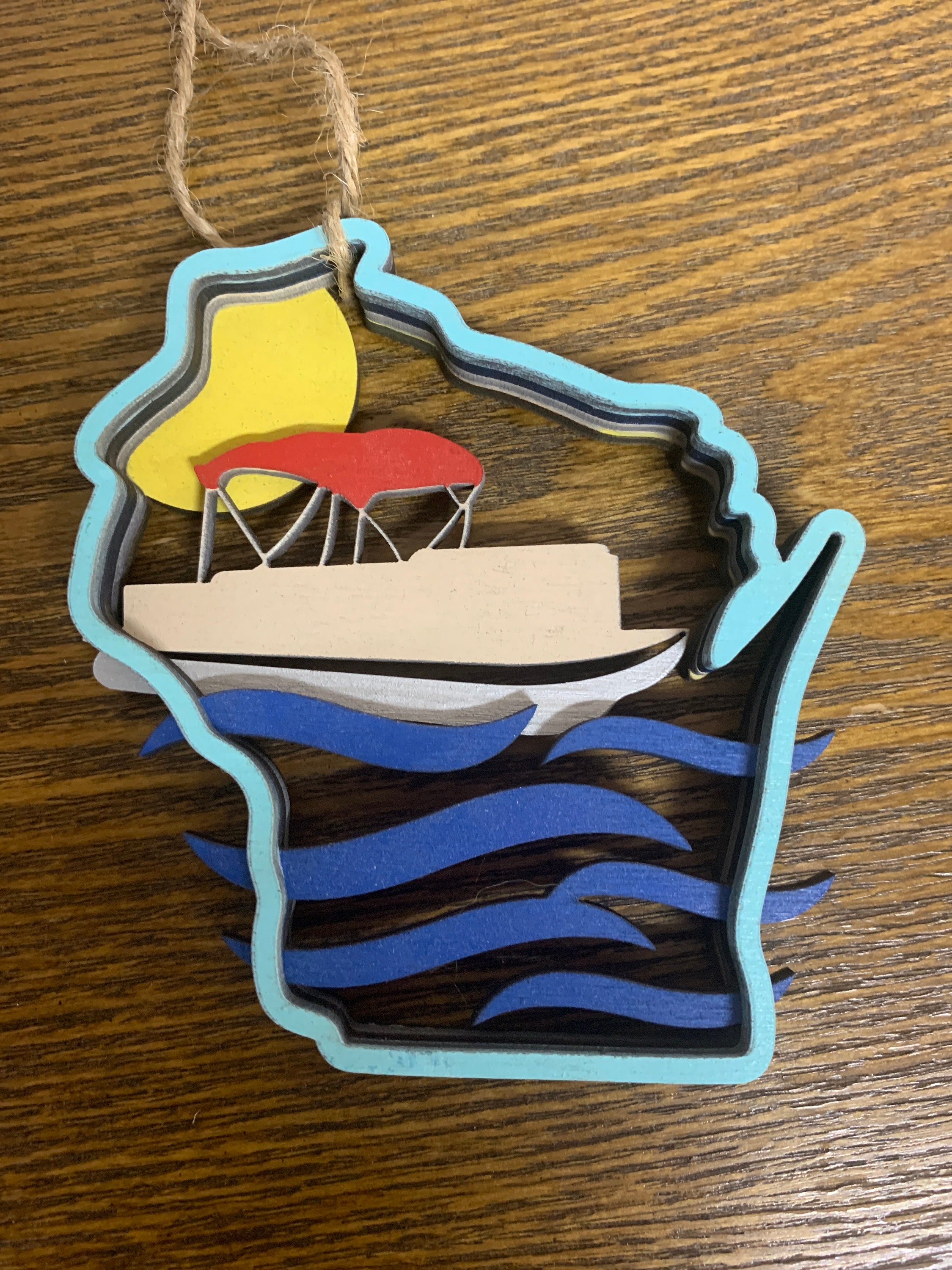 Wisconsin Ornaments Wood 3D Layered Wisconsin Ornaments Pontoon Lake