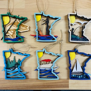 Minnesota Ornaments Wood 3D Layered Fishing Pontoon Loon Sailboat Lake Life Boy Fishing Paddleboard Minnesota Ornaments for Christmas Gift