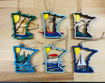 Minnesota Adornos Madera 3D Capas Pesca Pontón Loon Velero Lake Life Boy Pesca Paddleboard Minnesota Adornos para Regalo de Navidad