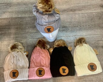 Gorro de media para mujer, tejido de Minnesota, con forro de piel, con parche de cuero, de felpa, color rosa, beige, negro, gris, tostado y crema.