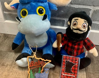 Muñecos Paul Bunyan y Babe, adorno de peluche de Babe, adorno de Paul Bunyan, peluche de Babe el buey azul, naipes a cuadros de búfalo de Minnesota, regalos de Babe