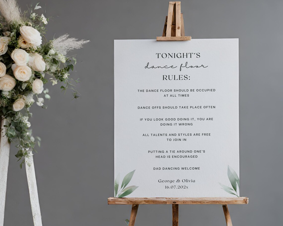 Wedding Dance Floor Rules Sign Olive Template 5 Different Sizes Leaves ...