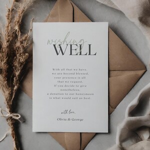Minimalistische Hochzeit Wishing Well Kartenvorlage Bearbeitbare Canva Wunschkarte Greenery Moderne Hochzeit DIY Elegante Poem Well Card Cash für Flitterwochen