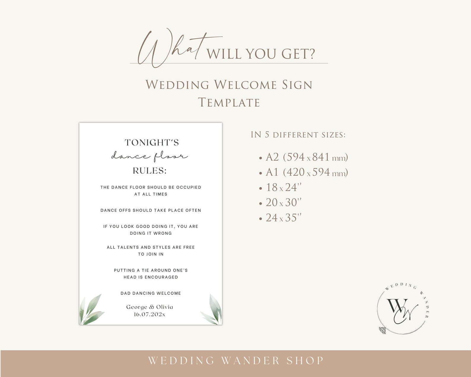 Wedding Dance Floor Rules Sign Olive Template 5 Different Sizes Leaves ...