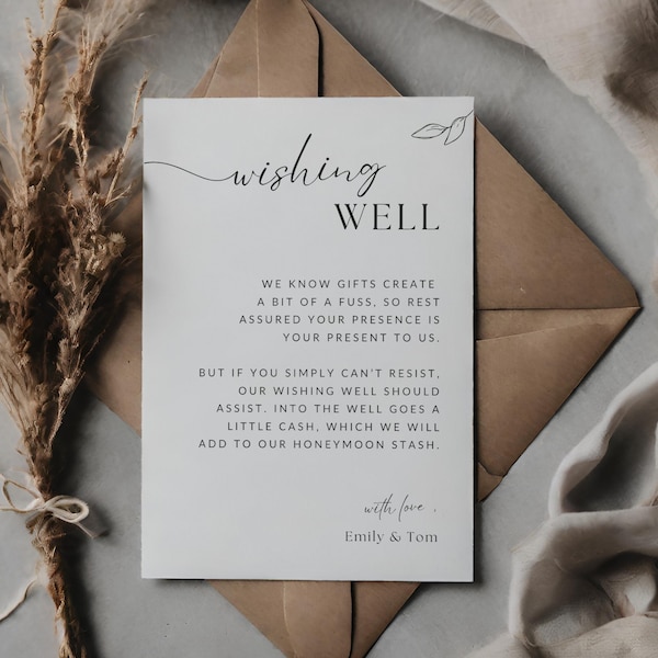 Wedding Wishing Well Card Template Editable Canva Elegant Wishing Well Poem Invite DIY Modern Wedding Invitation Cash For Honeymoon Card