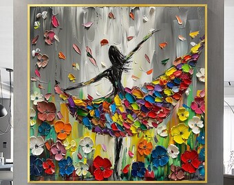 Large Abstract Dancing Girl Oil Painting on Canvas Wall Art, Original Colorful Flower Painting Dancer Art, Bedroom Wall Décor Fashion Decor