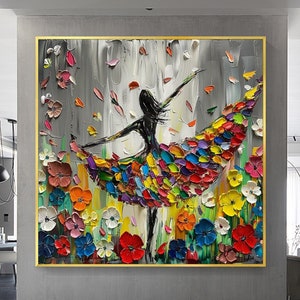 Large Abstract Dancing Girl Oil Painting on Canvas Wall Art, Original Colorful Flower Painting Dancer Art, Bedroom Wall Décor Fashion Decor