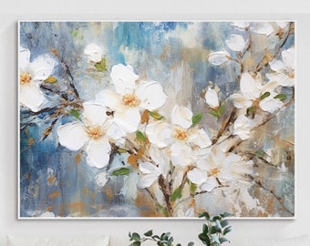 Abstract Flower Landscape Oil Painting On Canvas, Large Wall Art, Original White Floral Art, Custom Painting Fashion Living Room Decor Gift