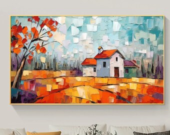 Peinture à l’huile abstraite de paysage de village sur toile grand art mural, art mural de texture jaune original personnalisé minimaliste salon décor à la maison