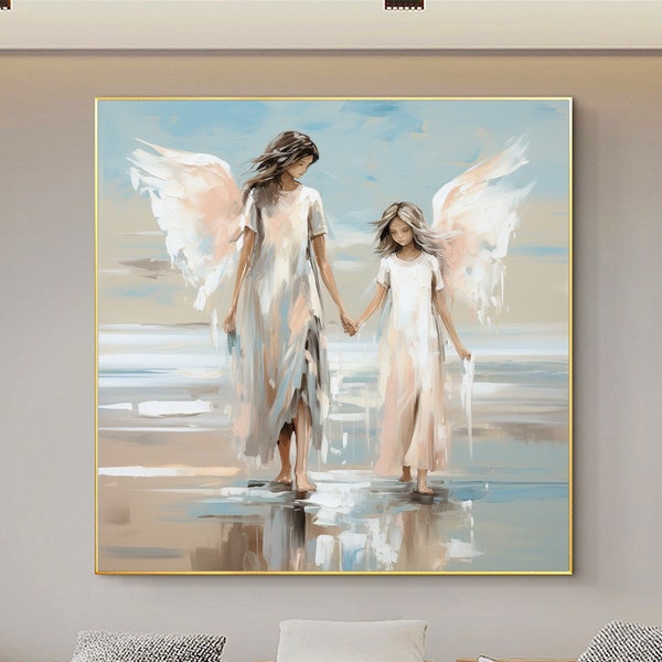 Original Angel Wing Oil Painting on Canvas, Large Wall Art, Abstract Beautiful Portrait Painting Boho Wall Decor Living Room Gift for Mother