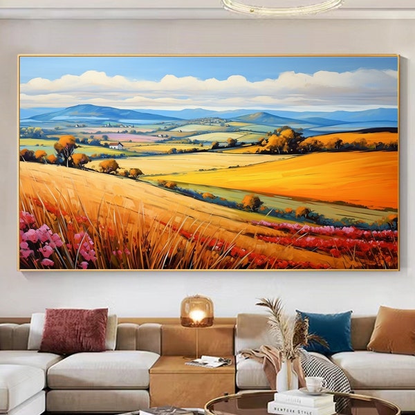 Abstract Village Landscape Oil Painting on Canvas, Large Wall Art, Original Mountain Art, Field Painting Autumn Decor Living Room Decor Gift