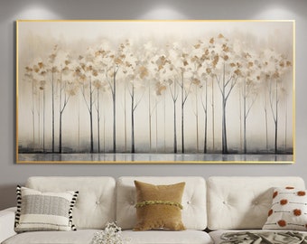 Abstract Forest Oil Painting on Canvas, Large Wall Art Original Tree Wall Art Gold Wall Decor, Custom Painting Minimalist Living Room Decor