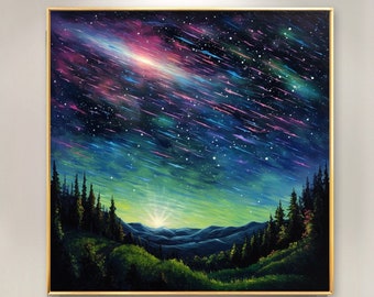 Peinture colorée originale de pluie de météores sur toile, grand art mural abstrait Aurora Art Night Sky Landscape Art Peinture personnalisée Décor de chambre à coucher