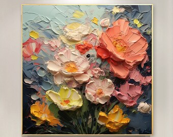 Pittura a olio di fiori con texture originale su tela, arte da parete di grandi dimensioni, arte da parete floreale colorata astratta, pittura personalizzata per l'arredamento moderno del soggiorno