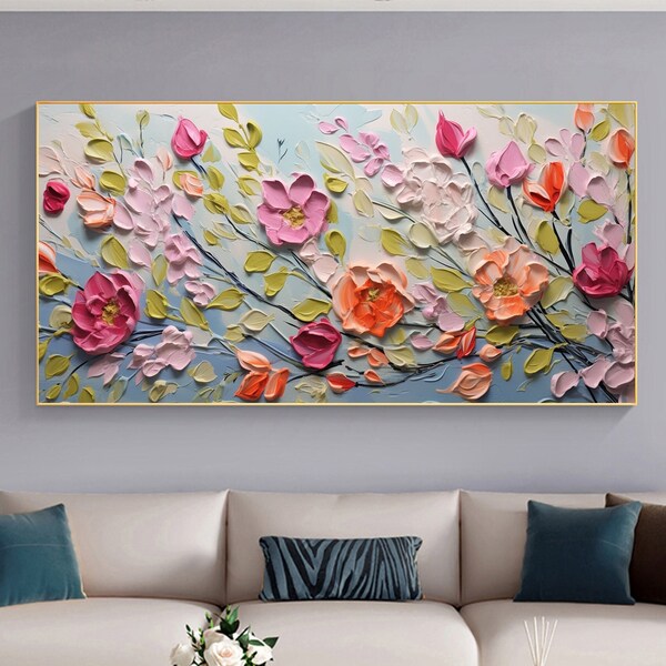 Peinture à l’huile de fleur de fleur minimaliste sur toile, grand art mural, art floral coloré abstrait original, peinture personnalisée décor de maison vivante