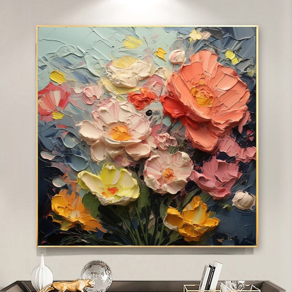 Pittura a olio di fiori con texture originale su tela, arte da parete di grandi dimensioni, arte da parete floreale colorata astratta, pittura personalizzata per l'arredamento moderno del soggiorno