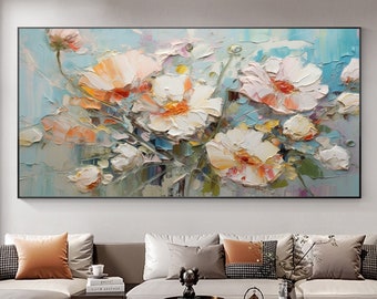 Dipinto ad olio originale con paesaggio floreale su tela, grande arte da parete, arte floreale bianca astratta, pittura personalizzata per la decorazione della casa moderna del soggiorno