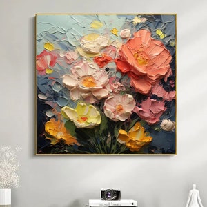 Original Texture Flower Oil Painting on Canvas, Large Wall Art, Abstract Colorful Floral Wall Art, Custom Painting Modern Living Room Decor