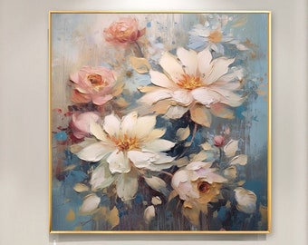 Pittura a olio di fiori astratti su tela, arte floreale bianca originale di grandi dimensioni, pittura personalizzata, decorazioni per la casa alla moda minimalista