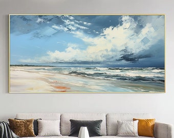 Paesaggio astratto spiaggia pittura a olio su tela grande arte da parete originale cielo arte blu arredamento pittura personalizzata minimalista soggiorno arredamento regalo
