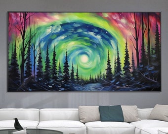Peinture à l’huile colorée d’Aurora sur toile, grand art mural, art abstrait original de paysage forestier, peinture personnalisée, décor de salon minimaliste