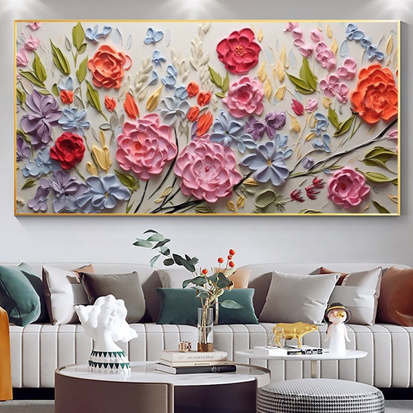 Peinture à l’huile originale de paysage de fleurs sur toile, grand art mural, peinture florale colorée abstraite, peinture personnalisée décor de salon moderne