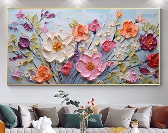 Pittura a olio di fiori astratti su tela, arte da parete di grandi dimensioni, arte del paesaggio floreale colorato originale, decorazione del soggiorno con pittura personalizzata