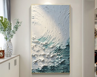 Original Beach Oil Painting on Canvas, Large Wall Art Abstract Minimalist Ocean Wave Art White Decor Custom Painting Living Room Home Decor