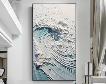 Dipinto a olio astratto dell'onda dell'oceano su tela, grande arte da parete originale minimalista arte da spiaggia decorazione bianca pittura personalizzata soggiorno decorazione della casa