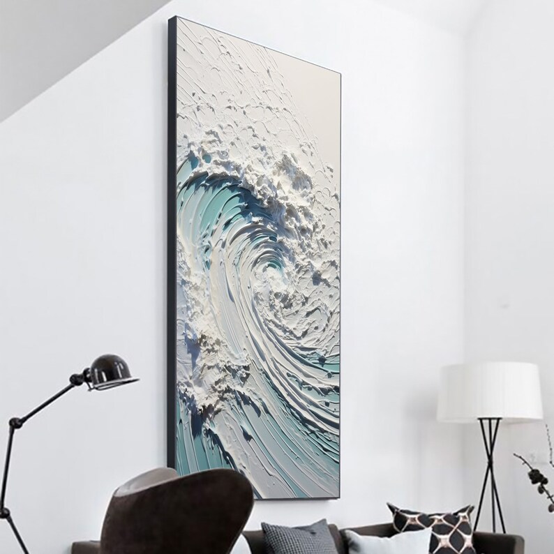 Abstract Ocean Wave Oil Painting on Canvas, Large Wall Art Original Minimalist Beach Art White